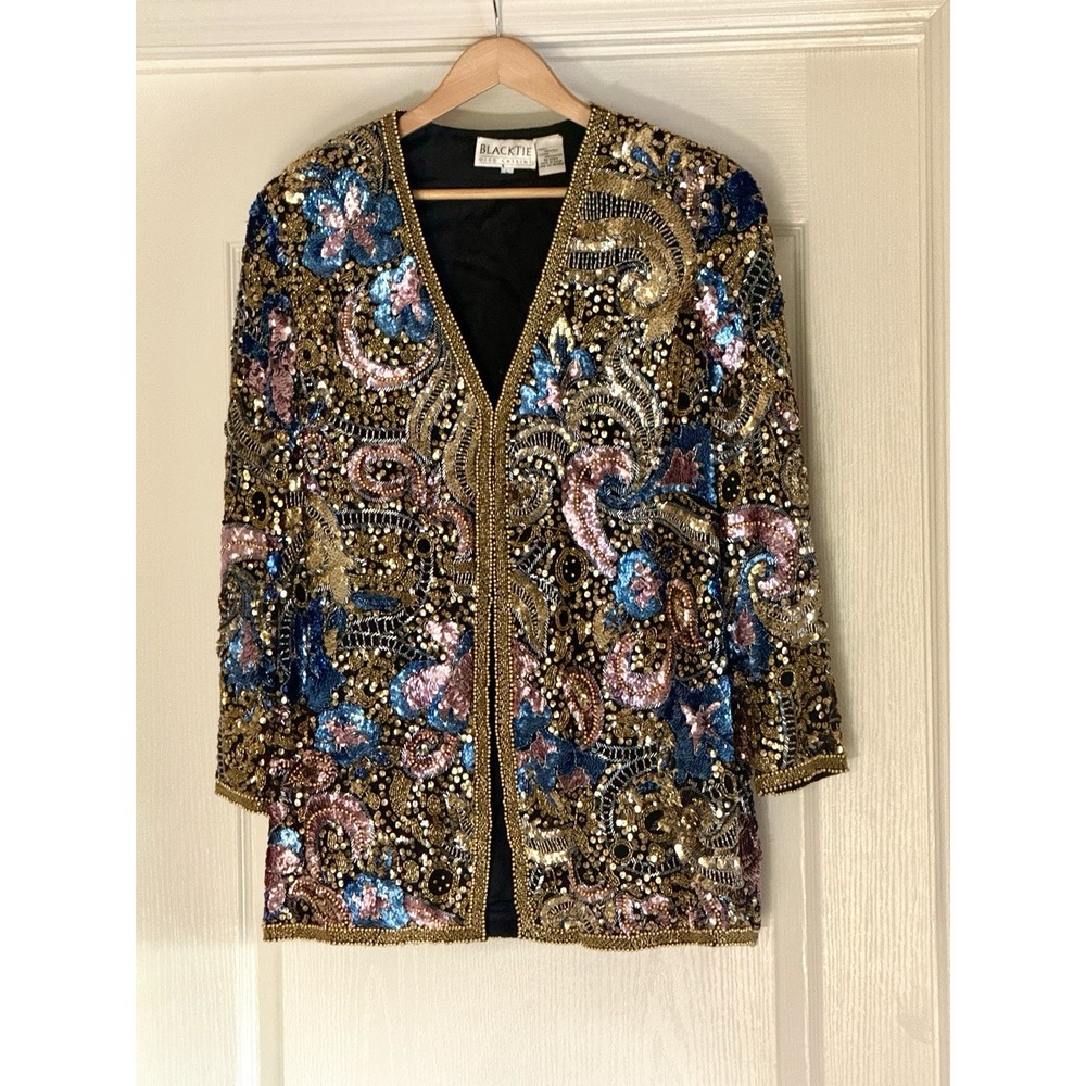 Vintage Oleg Cassini Black Tie Beaded Sequin Jacket Gold Blue Pink Large